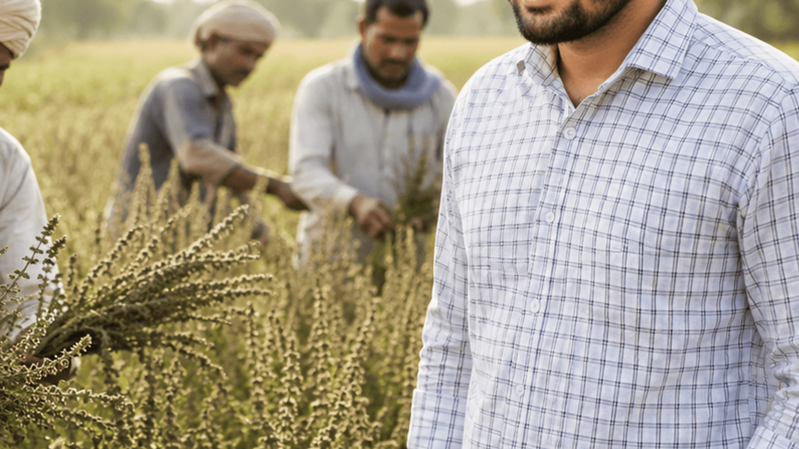 Sahil Patidar with growers, harvesting in the Malwa belt